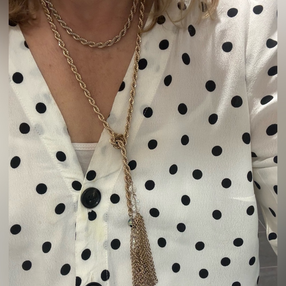 Twirly gold very long chain with beaded tassels
